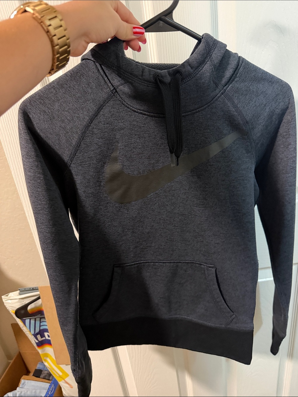 Nike Women’s Dark Charcoal Gray Pullover Hoodie with Black Swoosh